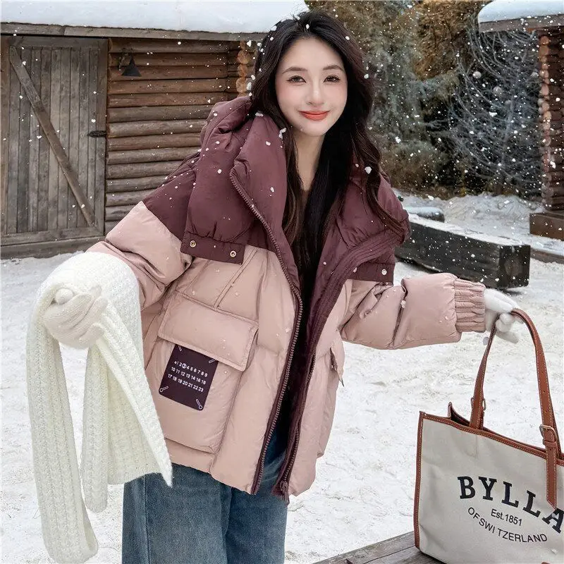 

New Women Down Cotton Jacket 2025 Winter Color Splicing Warm Padded Jacket Female Korean Loose Hooded Parker Cotton Clothes Tide