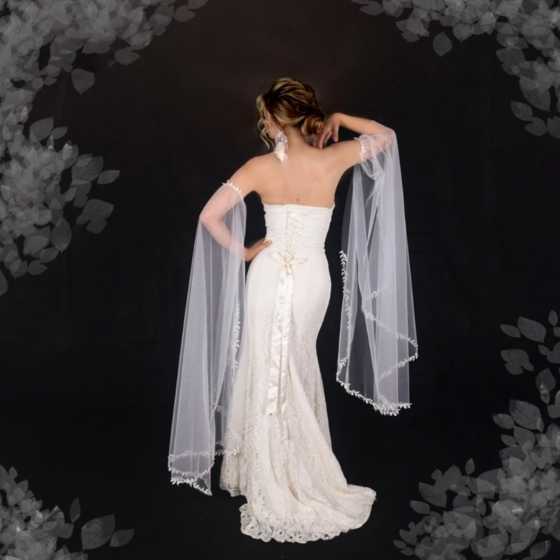 Elegant Bridal Arm Sleeves with Flower Trim Wedding Dress Veil Arm Sleeves Gown Long Mesh Oversleeve Party Prom Armwear