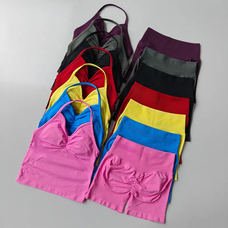 

Женский бесшовный спортивный костюм из двух частей: высокоэластичный вязаный спортивный бюстгальтер и шорты для йоги с эффектом подтяжки ягодиц и красивым дизайном спинки