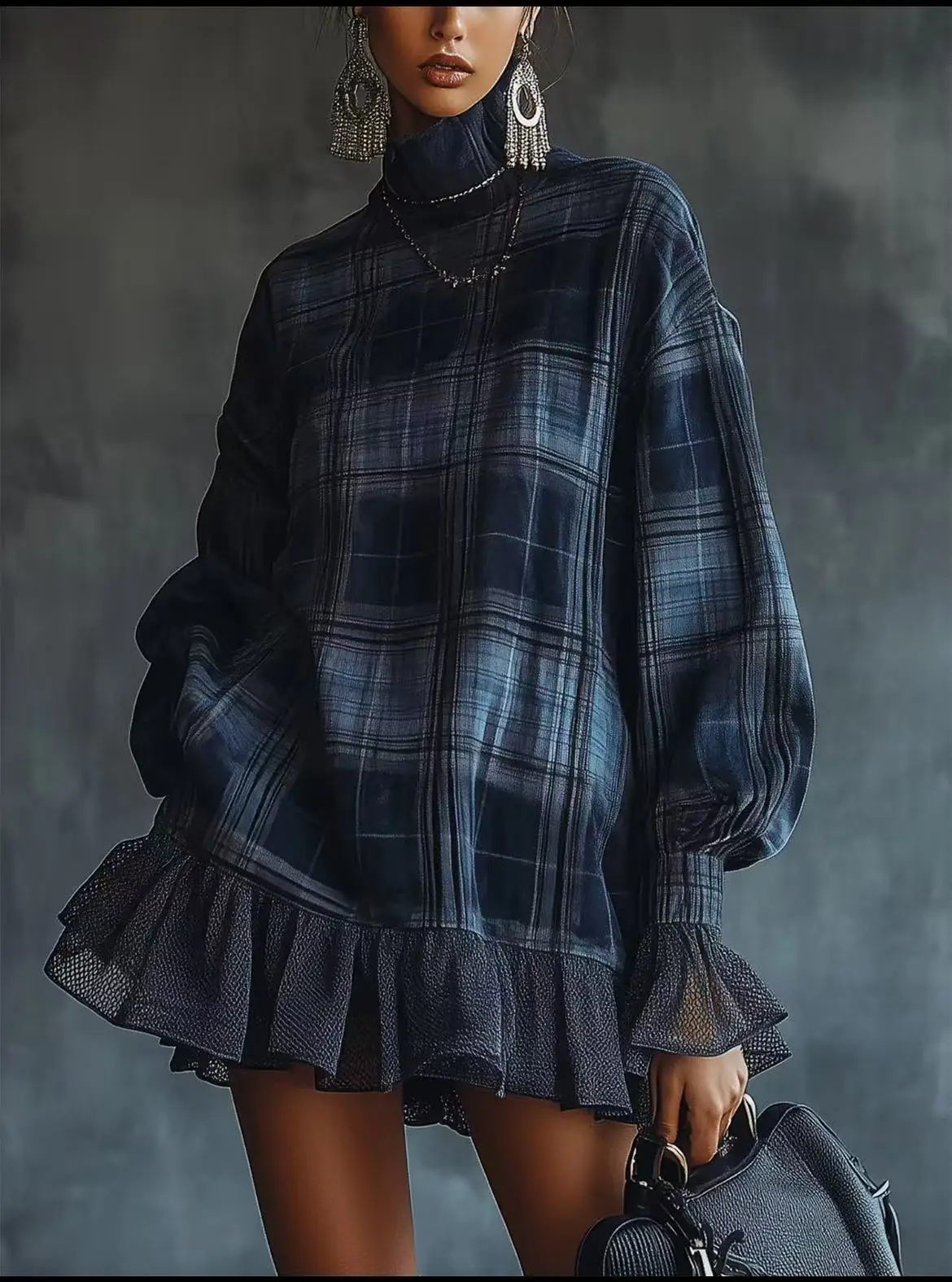 European American Plaid Ruffle Hem Mini Dress for Women Temperament High Neck Long Sleeve High Street Loose Dress for  Autumn