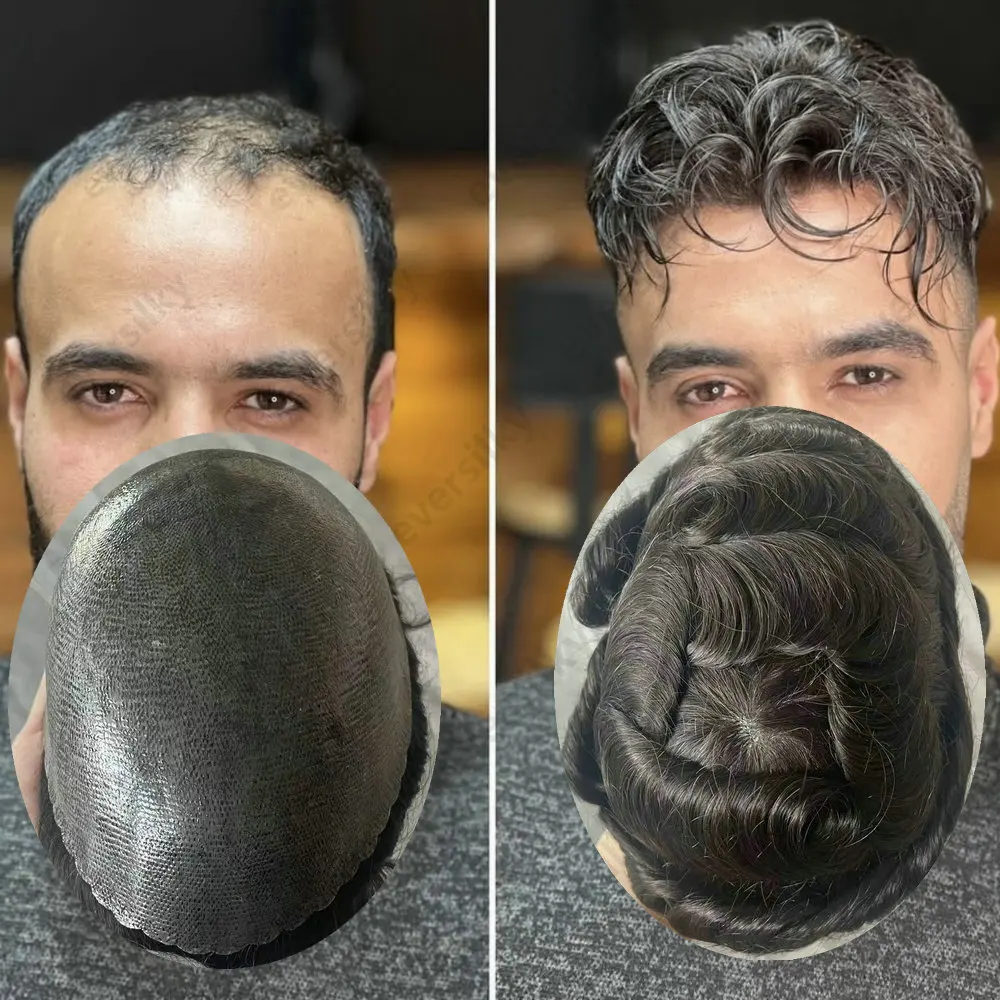 30MM gewelltes Herren-Toupet aus Echthaar, natürlicher Haaransatz, langlebig, dünne Mikro-Haut-PU-Basis, männliche Perücken, Ersatz-Haarteil – Detail 1