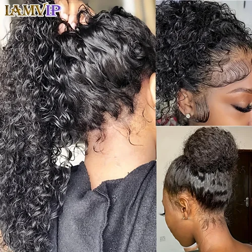 Imagen 2 del producto 30-36 pulgadas 360 correa invisible completa cordón Sung Hd encaje 250 densidad agua rizado profundo peluca de cabello humano negro sin pegamento