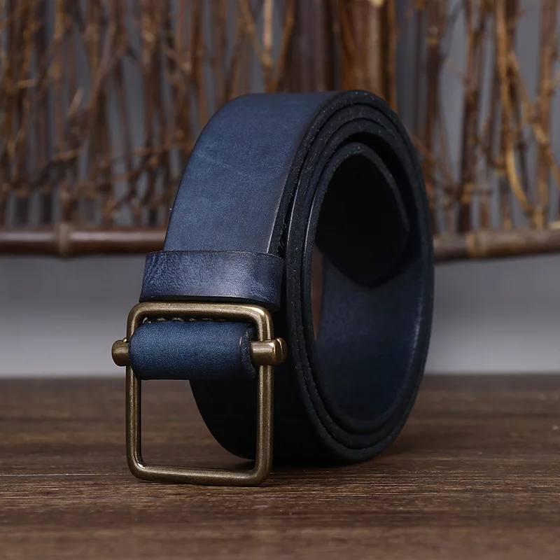 New Men's Non-Perforated Leather Belt, Smooth Buckle, Top Layer of Cowhide, Retro Simple and Versatile Denim Belt