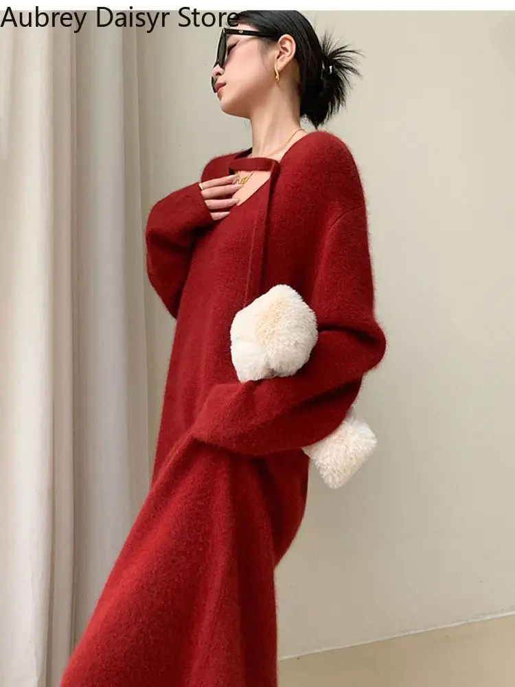 Korean Elegant Red Knitted Dress Women Winter Vintage Irregular V-neck Sweater Dress Casual Fashion Christmas Party Dress New In