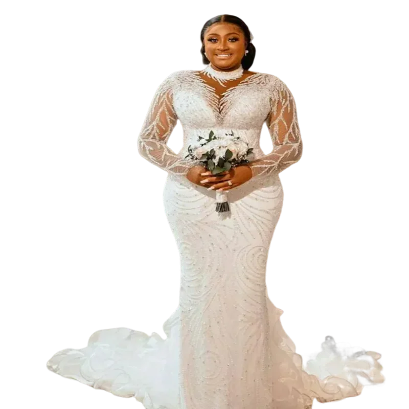 

Свадебное платье фасона «русалка» больших размеров, индивидуального пошива, с бисером, пайетками, высоким воротом, длинными рукавами, рюшами и шлейфом в стиле капелла, Robe De Mariee