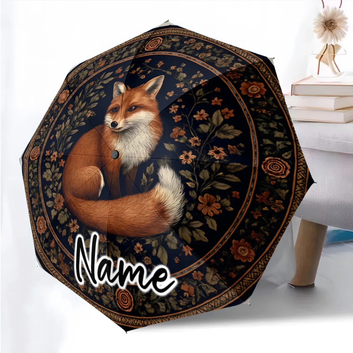 Custom Name Umbrella Fox Design Umbrella with Floral Motifs Print 8 Iron Ribs Folding Umbrella Auto-Open Fashion Sunshade