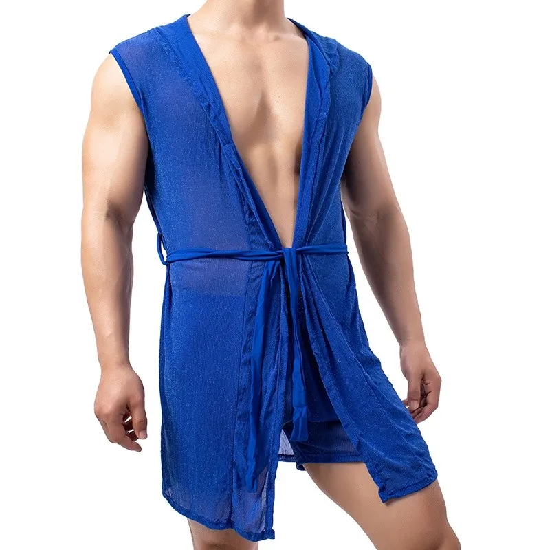 Mannen Mesh Badjassen Mesh Ademend Nachtkleding Mouwloze Gewaden Lounge Wear (Geen Shorts)