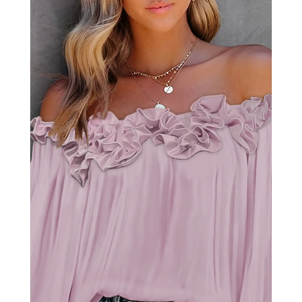 Women's Fashion Ruffle Hem Lantern Sleeve Off Shoulder for Women Casual Long Sleeve Pink Blouse Femme Elegant y2k Tops Summer