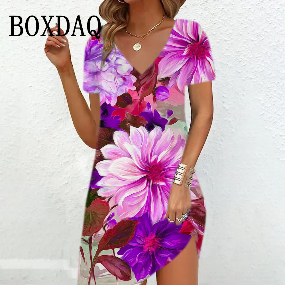 Ladies Pullover V-Neck Summer Dresses Women Retro Flower Print Loose Plus Size Dress 2024 Short Sleeve Casual Female Midi Dress