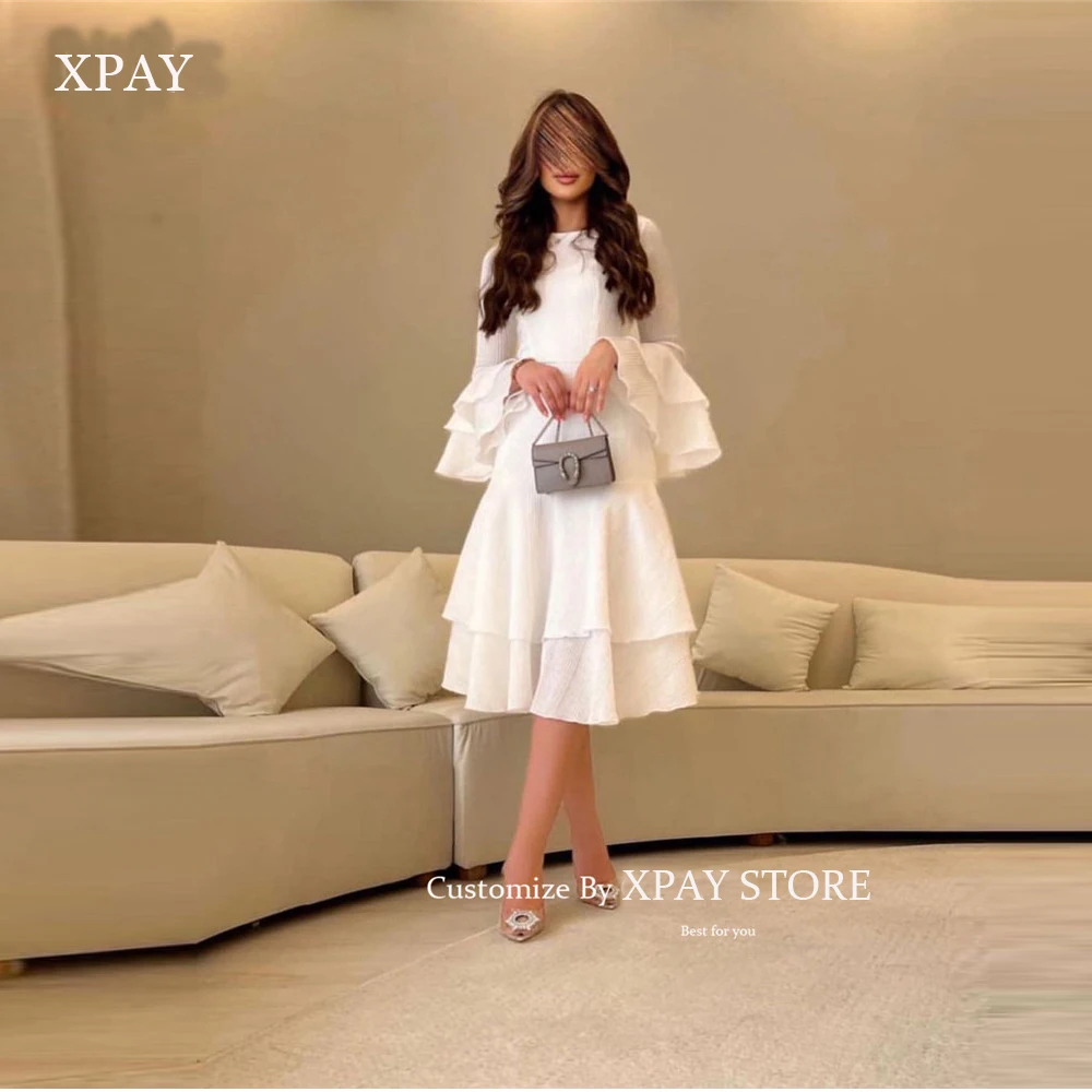 

XPAY Arabic Women White Cotton Prom Party Dresses Vintage O-Neck Flare Long Sleeves Tiered Tea length Evening Formal Gowns