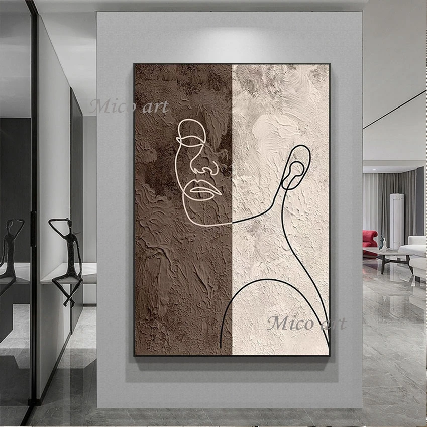 

100％ Hand-painted Abstract Portrait Line Acrylic Texture Painting High Quality White Brown Wall Art Canvas Picture Frameless