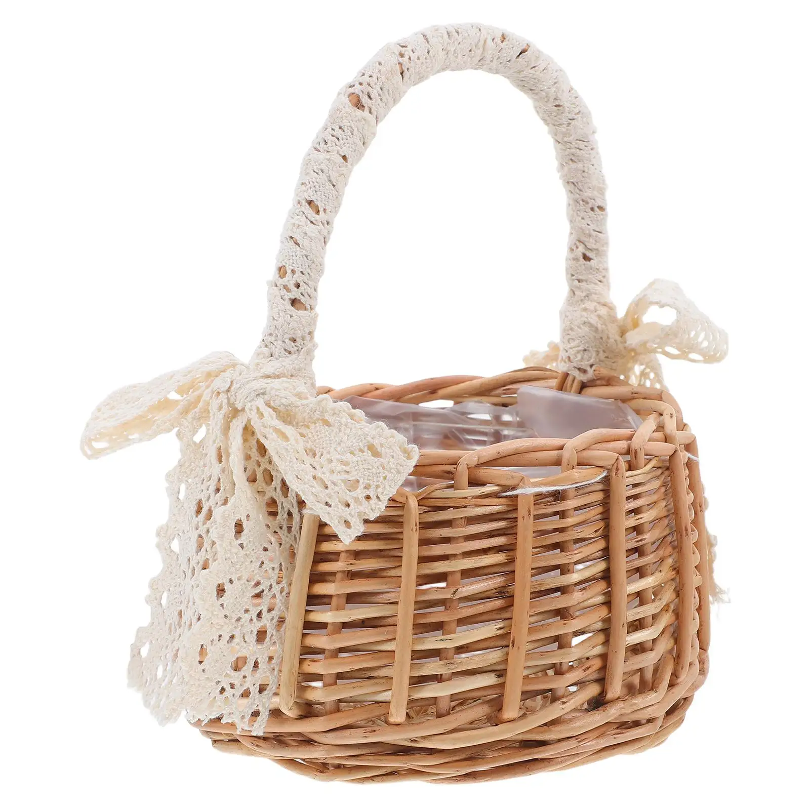 

Lace Handheld Flower Basket Rattan Woven Decorative Storage Brown Portable Plant Container Home Wedding Party Banquet Holiday