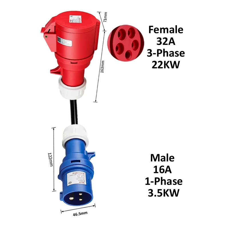 EV Charging Adapter Male 16A 1-Phase Blue 3.5KW CEE Plug to Female 3-Phase Red 16A 11KW / 32A 22KW / 1-phase Blue 32A 7KW Socket view 4