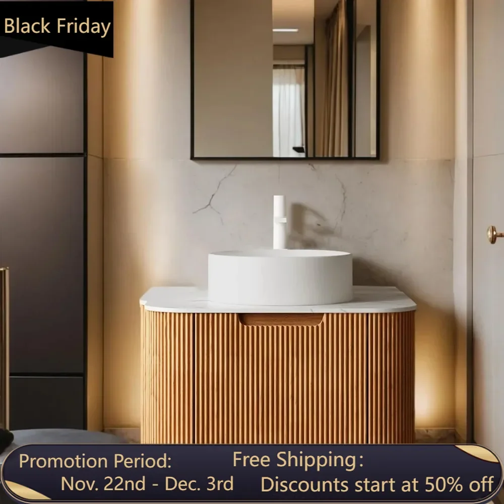 

24-Inch Modern Bathroom Vanity with Sink, Floating Cabinet with Ultra-Thin Ceramic Basin and Marble Top, Extra Large Storage