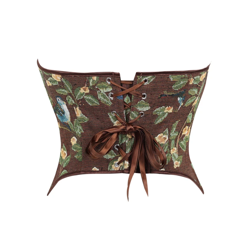 

Women Brown Vintage Print Overbust Corset Crop Top Fashion Lace-up Sexy Strapless Slimming Shaper Boned Bodice