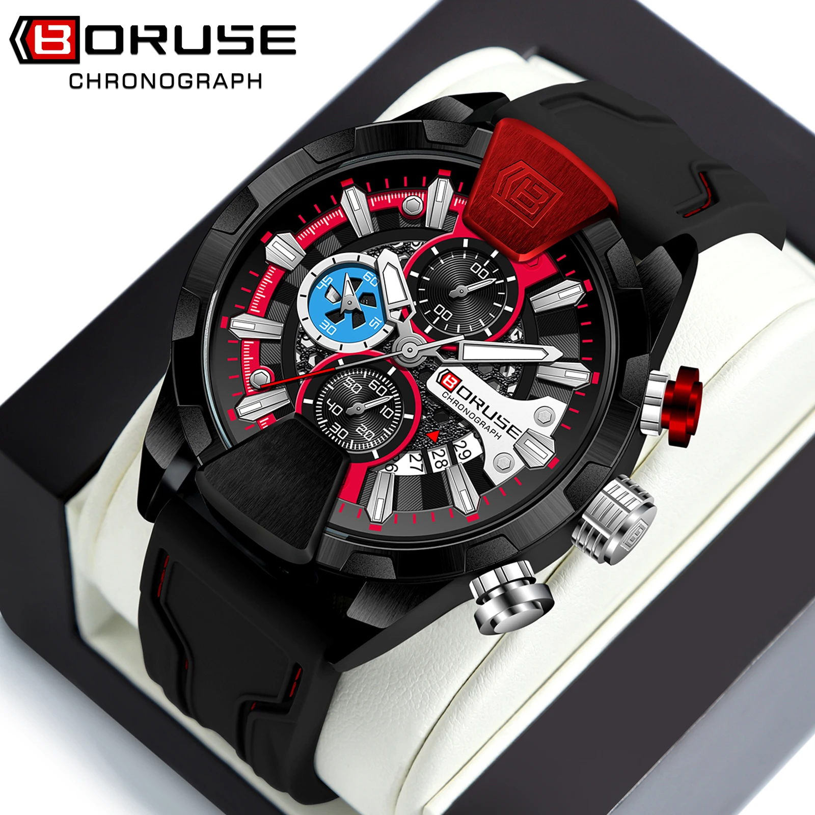 BORUSE Brand Man Watch Chronograph Sport Army Watches for Men Casual Fashion Luxury Waterproof Quartz Clock Wristwatch+Box