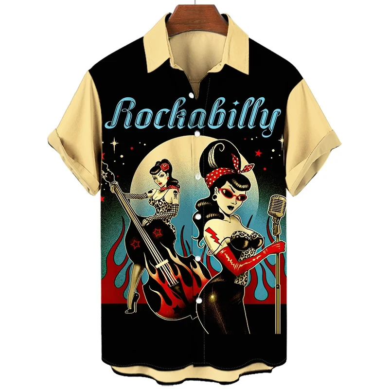 Vintage Rocker Rockabilly Shirts Men Clothing 3D Printed Vacation Shirt Short Sleeve y2k Vintage tops Fashion Lapel Blouse