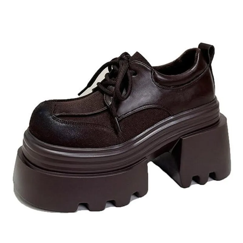 

Fashion 9CM Heels Women's High Platform Leather Shoes New 2026 Autumn Chunky Sneakers Female Lace-up Loafers Walking Shoes Woman