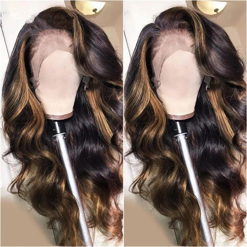 Long Wave T Part Lace Front  hair Wig Black Ombre Brown Highlight Wigs Soft