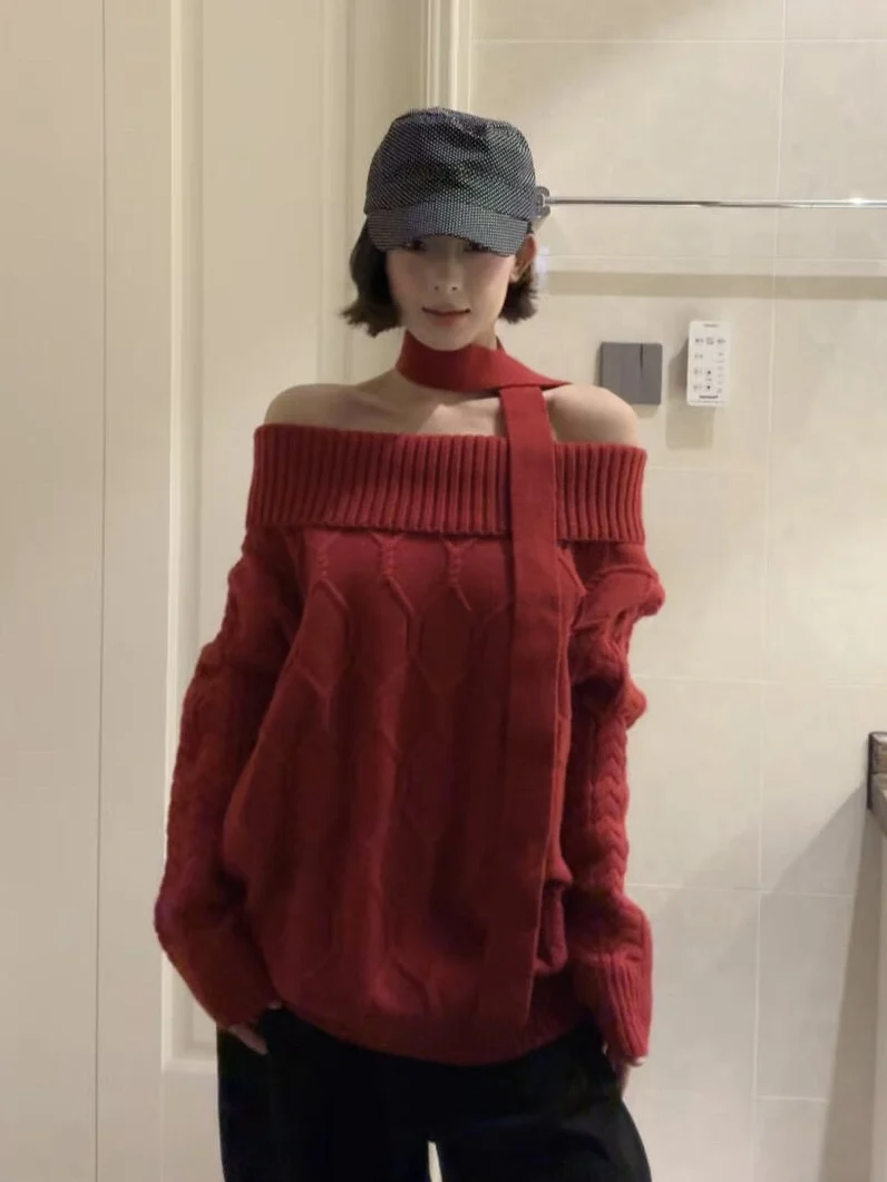 

Cisas Новогодний красный свитер с шарфом на одно плечо, женский свободный мягкий вязаный топ, осень-зима, ленивый Sle Long Sve Crew Ne