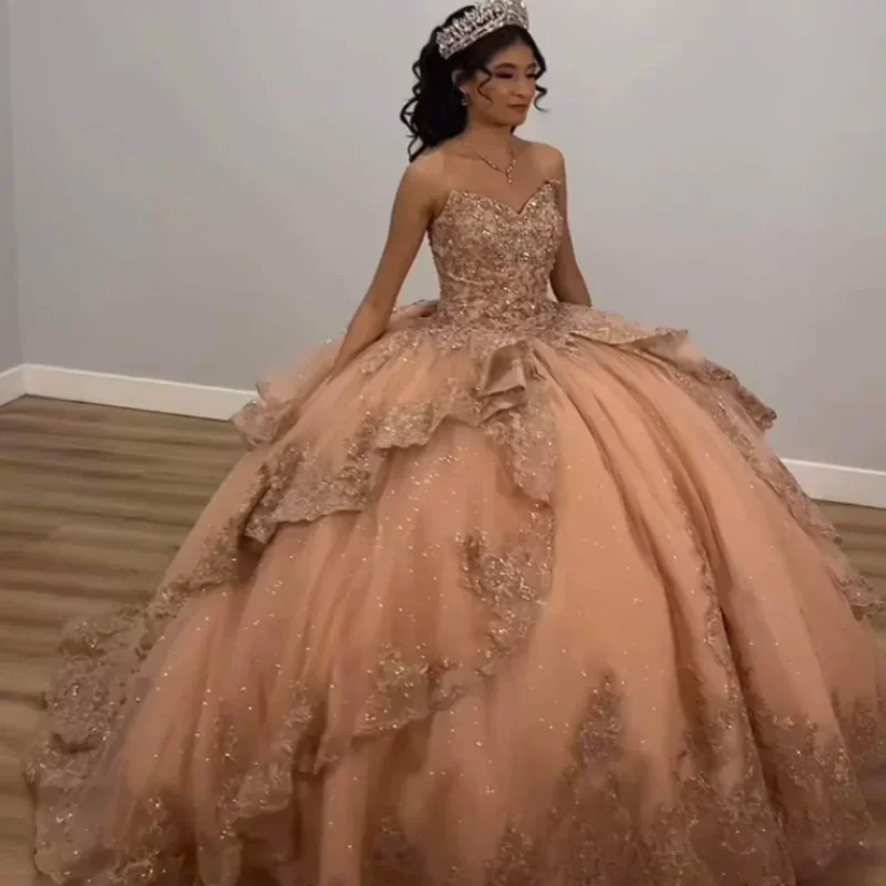 Fashion Rose Gold Quinceanera Dress Princeass Applique Lace Crystal Off Shoulder Princess Ball Gown Birthday Vestidos De 15 Anos