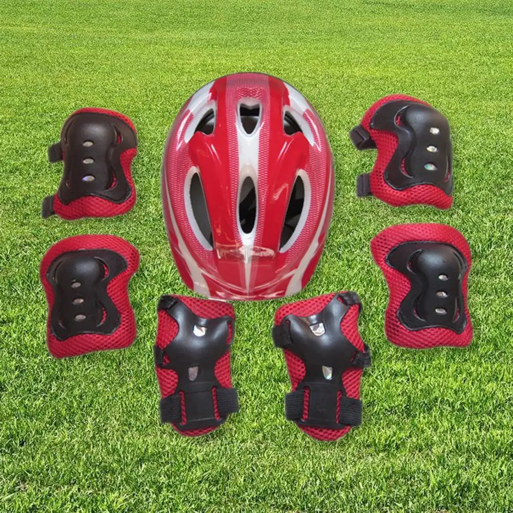 7Pcs/ Set Kids Safety Knee Pad Wear Resistant Sweat Absorption Accessory Cycling Helmet Knee Elbow Pad Riding Protective Gear