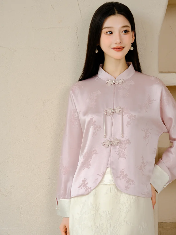 

Новая женская весенняя нежно-розовая верхняя одежда в китайском стиле с вышивкой из ацетата: слива, орхидея, бамбук, хризантема