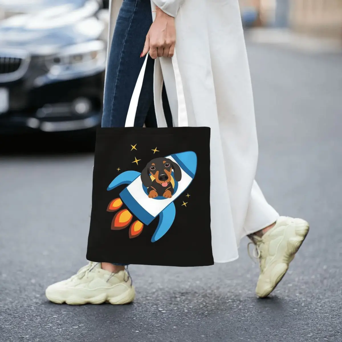 กระเป๋าผ้าแคนวาสลายดัชชุนด์สุดฮา รูปทรงจรวดอวกาศ กระเป๋าสะพายไหล่พับได้สำหรับสาวๆ ใช้สำหรับเดินทาง