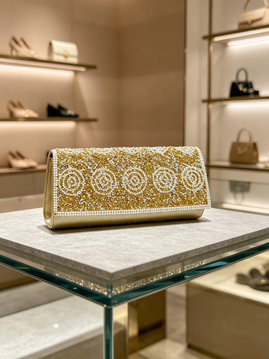 Luxury Gold Spiral Rhinestone Evening Clutch Bag With Pearl Border, Hard Shell Formal Dinner Hand Purse For Mature Women Banquet