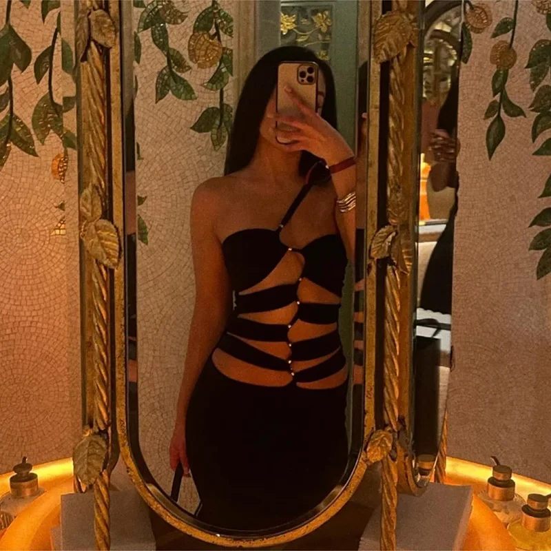 Sexy Hollow Out Black Evening Party Club Birthday Y2K Maxi Dress Outfits Women Summer Sleeveless Backless Bodycon Long Dresses