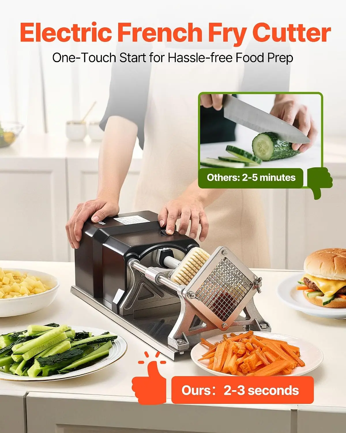 Commercial French Fry Cutter, Stainless Steel Vegetable Fruit Chopper with 3 Replacement Blades 1/2-Inch 3/8-Inch 1/4-Inch, Elec