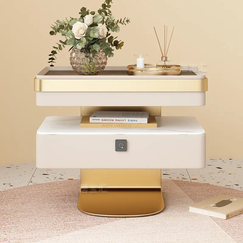 LMM with fingerprint lock glass high-end simple rock slab leather bedroom large smart bedside cabinet