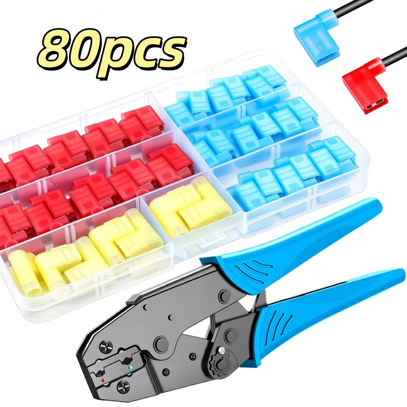 80pcs 22-10AWG Nylon Flag Terminal Kit Insulated Female Spade Connectors with Crimping Pliers for Quick Wire Connection