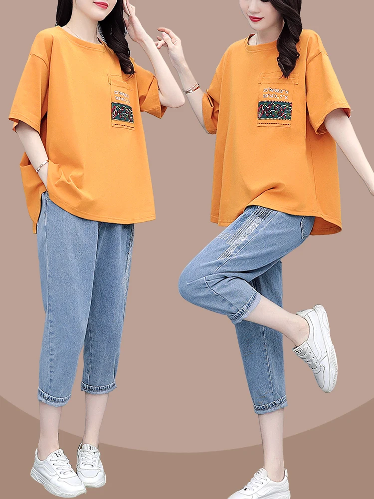 

Летний повседневный комплект из двух предметов для женщин больших размеров: модная футболка с коротким рукавом и дышащие хлопковые брюки с круглым вырезом, коллекция 2026 года