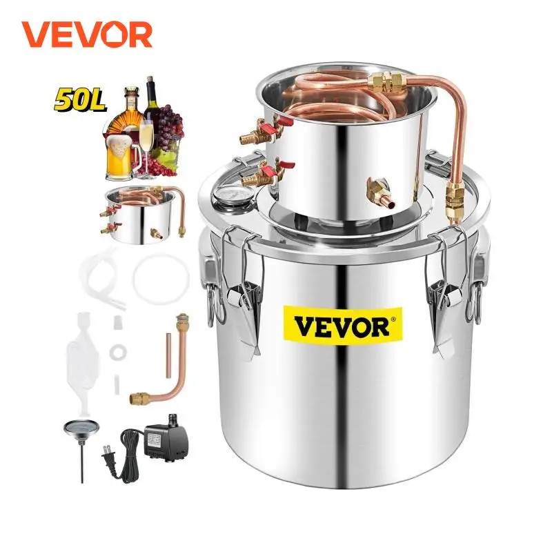 VEVOR 50L Moonshine Still Alcohol Distiller w/ Water Pump Stainless Copper DIY Home Brew Ethanol Wine Essential Oil Brewing Kit