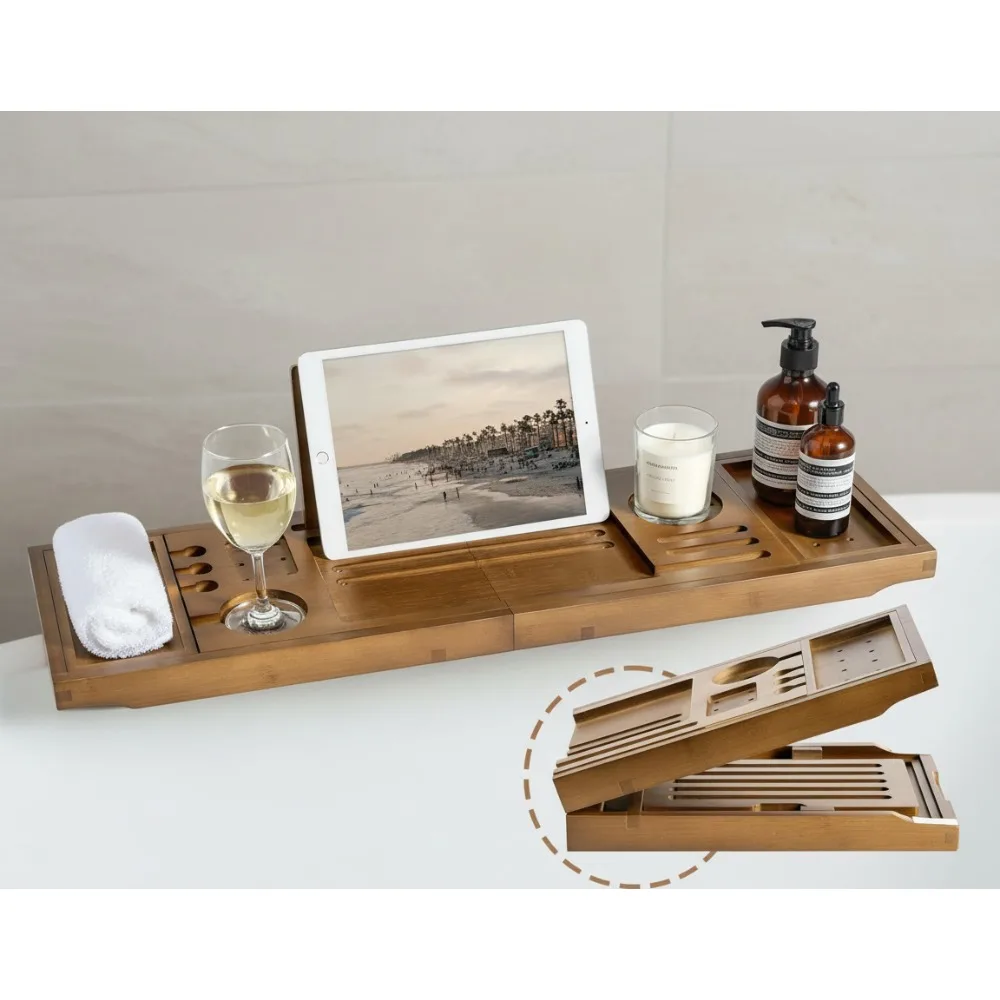 

Регулируемый бамбуковый поднос для ванны с держателем для вина и подставкой для планшета | Брызгозащищенный спа-органайзер для релаксации