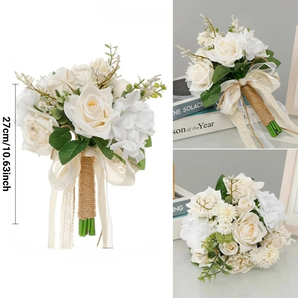 Artificial Wedding Flower Hand-held Artificial Rose Bouquet White and Champagne Bride Bridesmaid Wedding Ceremony Party Decor image 6