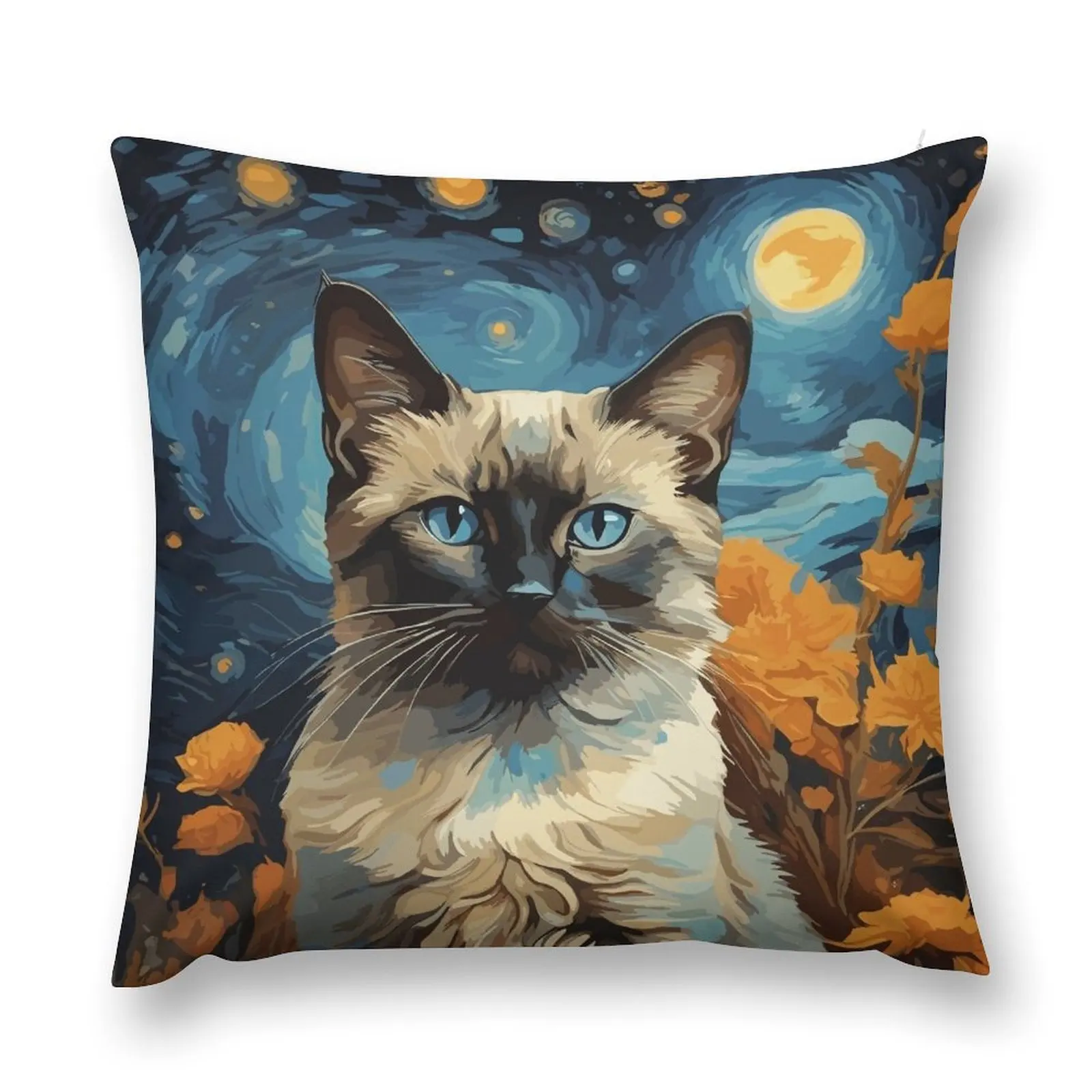 Siamese Cat in Blue Starry Night Throw Pillow luxury sofa pillows luxury home accessories Custom Cushion Photo pillow
