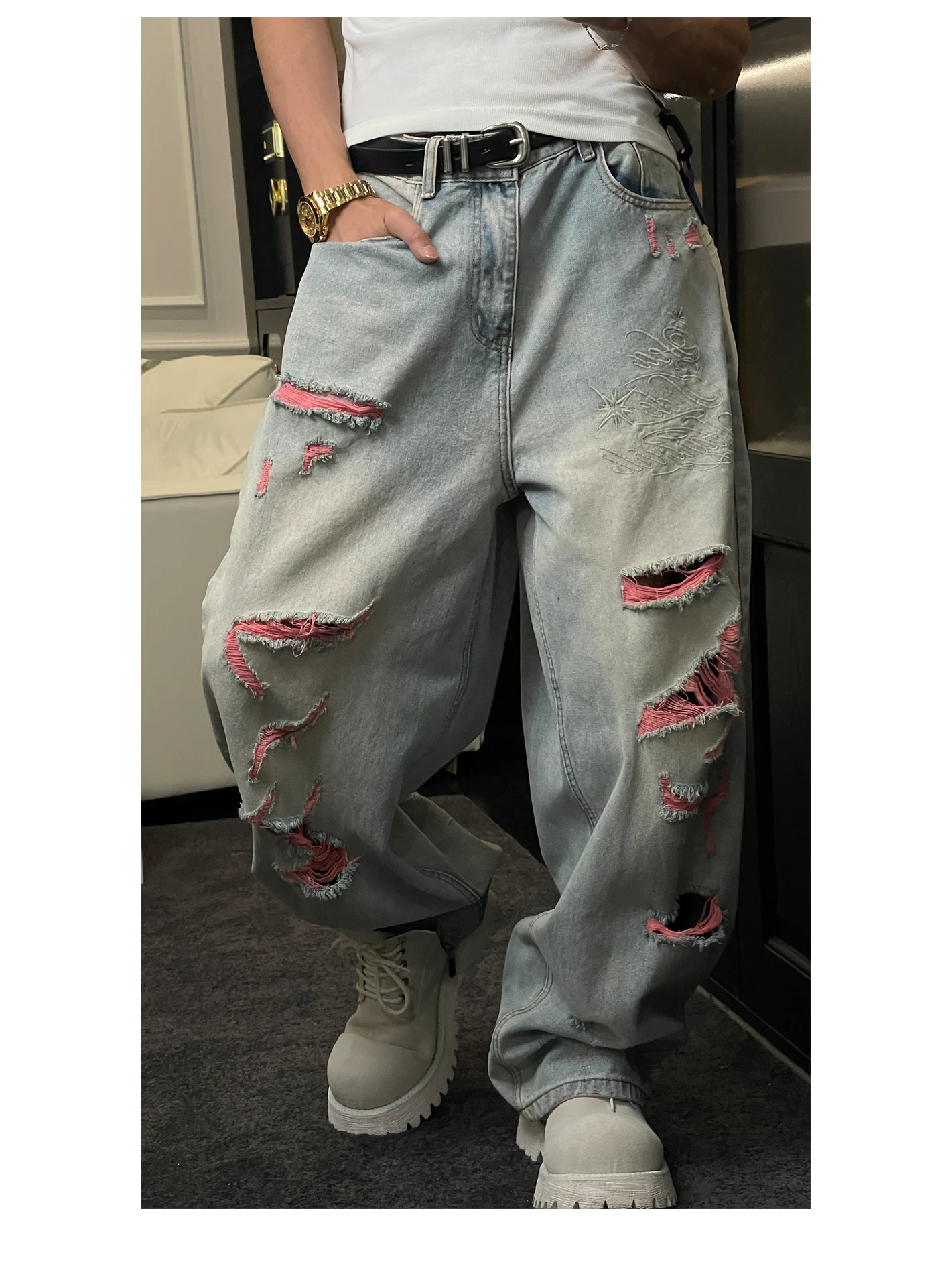 Retro Washed Denim Jeans Men's Spring Summer New Style High Waist Straight Leg Cotton Polyester Blend No Brand Signature