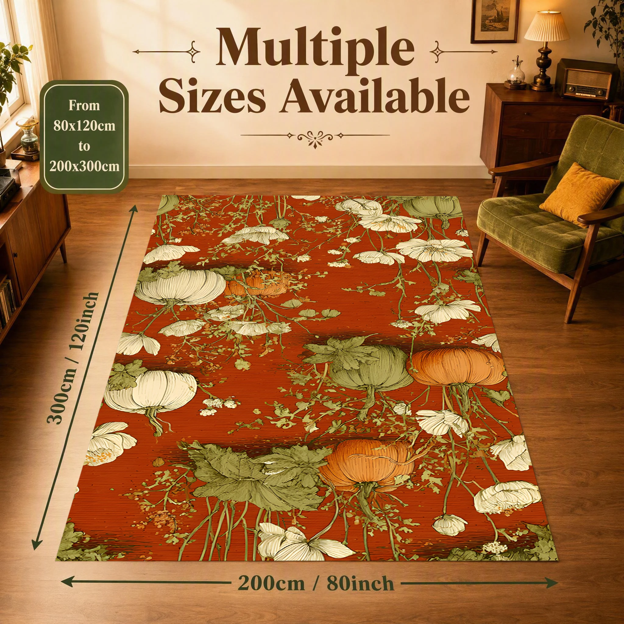 Velvet Rug Warm Red Pumpkin Flower Print Retro Pastoral for Living Room Bedroom Entryway Home Decor