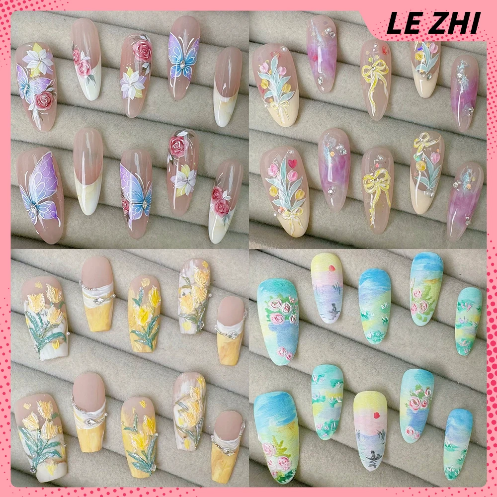 

Vintage Flower Series Handmade Press On Nail High Quality Cat Eyes Butterfly Pearl Diamond Chain Detachable Nails Party Stickers
