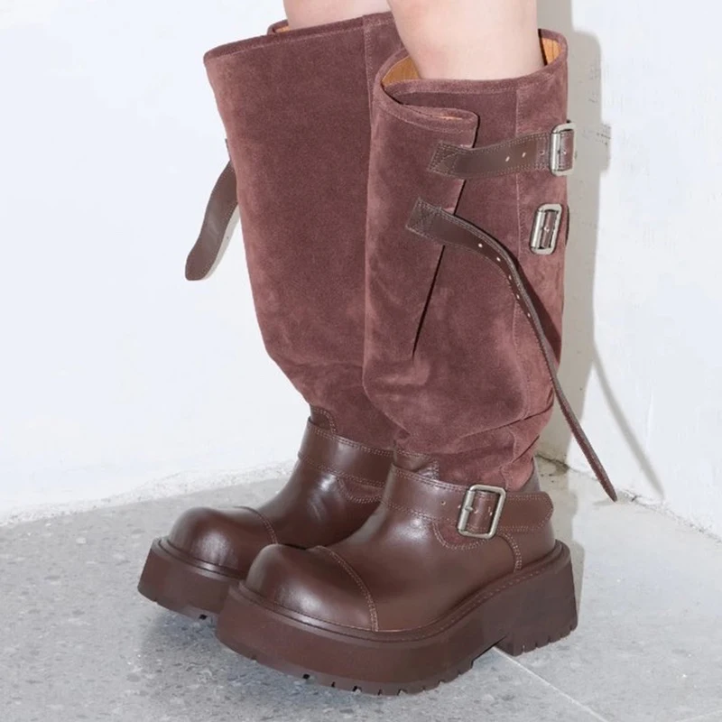 

Зимние женские ботинки, модная обувь, женские элегантные высокие ботинки на платформе и плоской подошве с пряжкой, повседневные женские трендовые туфли в стиле ретро, панк, Mujer Zapatos