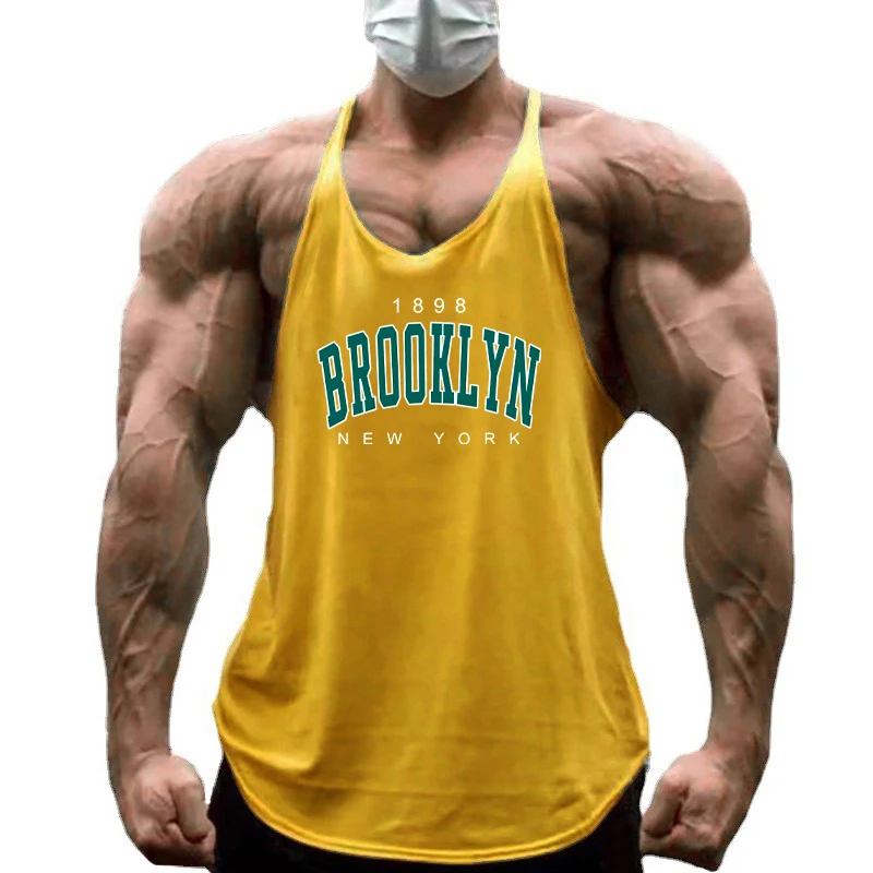 1898 Brooklyn New York Print Gym Fitness Shirt Cotton Breathable Sleeveless Sport Vests Men Bodybuilding Muscle Y-back Tank Tops