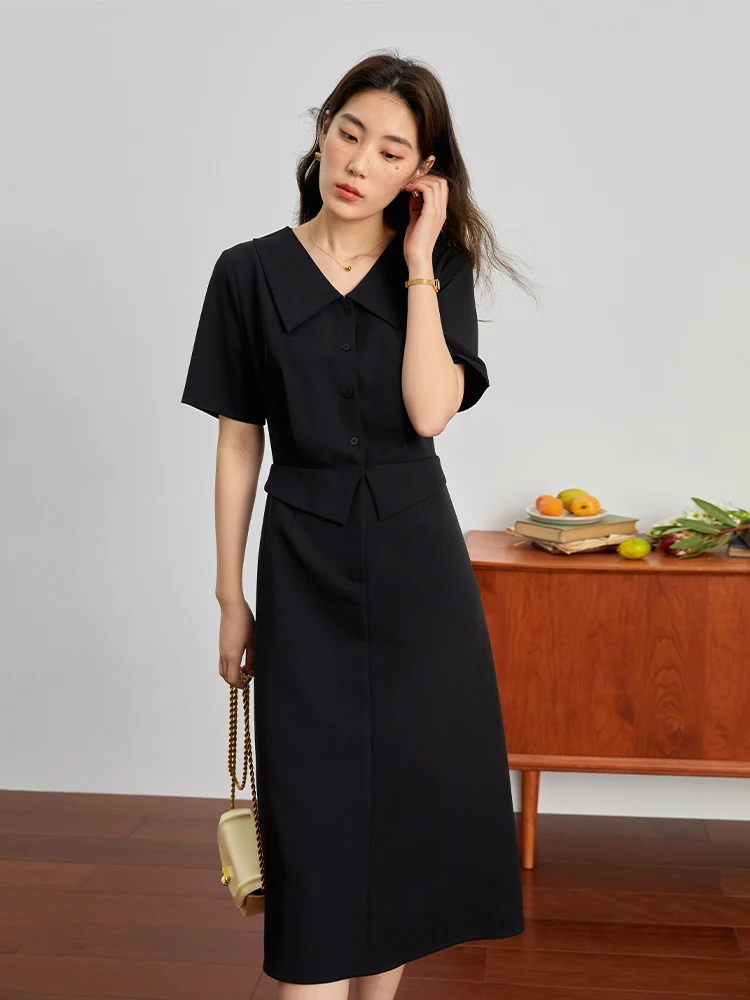 DUSHU Temperament Commuting Simple Waist Thin Dress for Women Summer New Length Optional Solid Color A-Line Office Lady Dress