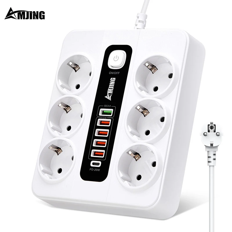 2M Extension Cable Power Strip EU Plug 6AC Outlet Electrical Socket With USB QC3.0 Quick Charger PD20W High Capacity Multi-strip