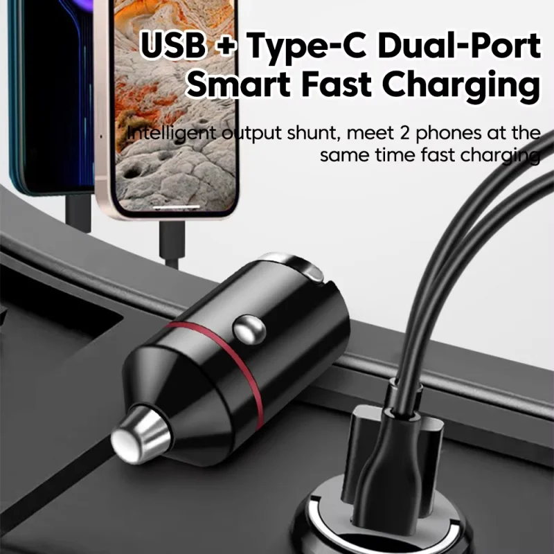 Car Charger USB+PD Dual Ports Car Phone Charger With Pull Ring Type-C Fast Charging Adapter USB QC3.0 For iPhone Samsung Xiaomi