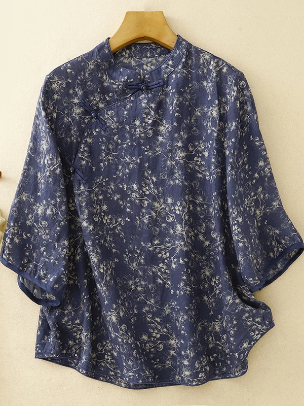 

Свободный женский топ с цветочным принтом, воротником-стойкой, на пуговицах, в китайском стиле, для повседневной носки, сандалии...