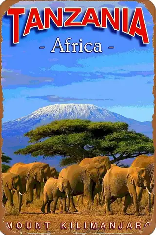 Vintage Look Reproduction Tanzania Mount Kilimanjaro Africa African Travel Art Print Advertisement Retro Tin Plaque Poster  sign