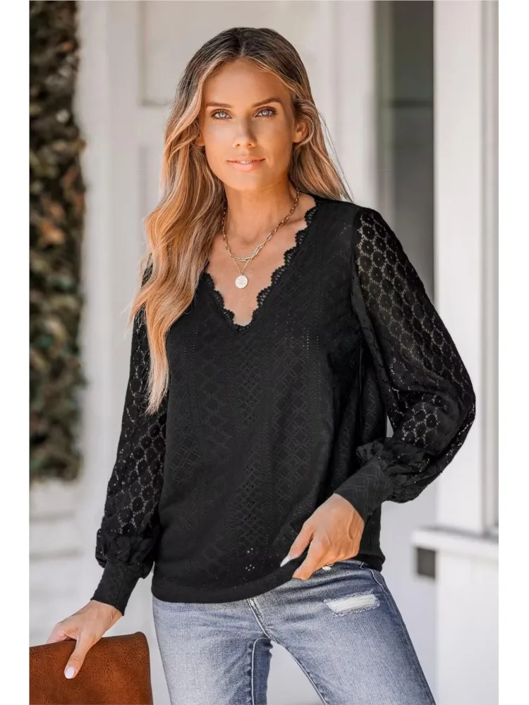 Spring Autumn New Women's Shirt Tops 2025 Fashion V Neck Lace Tops Shirt Solid Colour Lace Lantern Sleeve Long Sleeve Tops