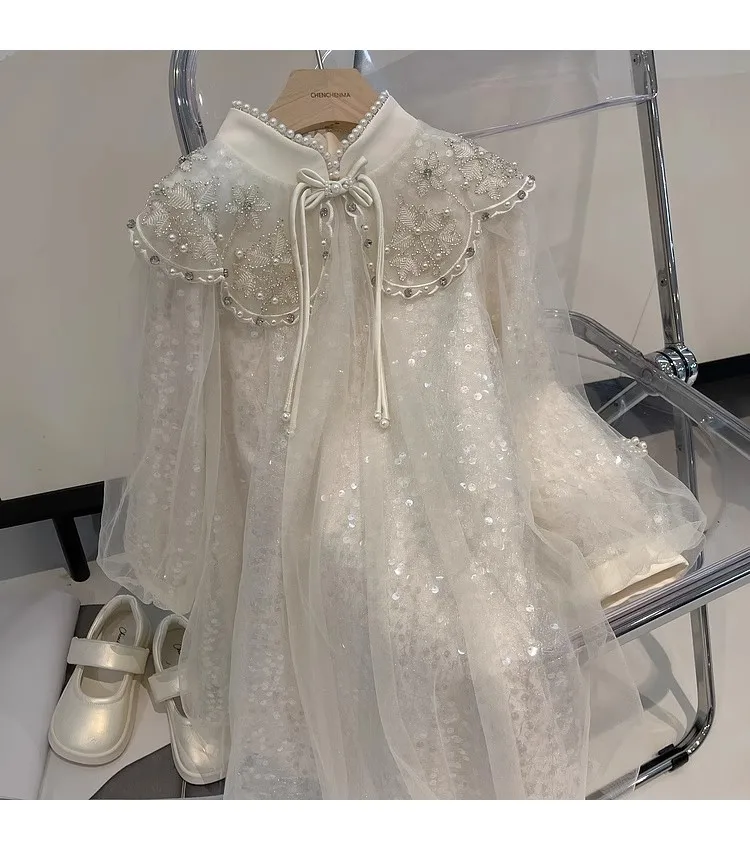 New Chinese style sequin dress, little girl princess dress New and improved version of qipao dress for girls in autumn